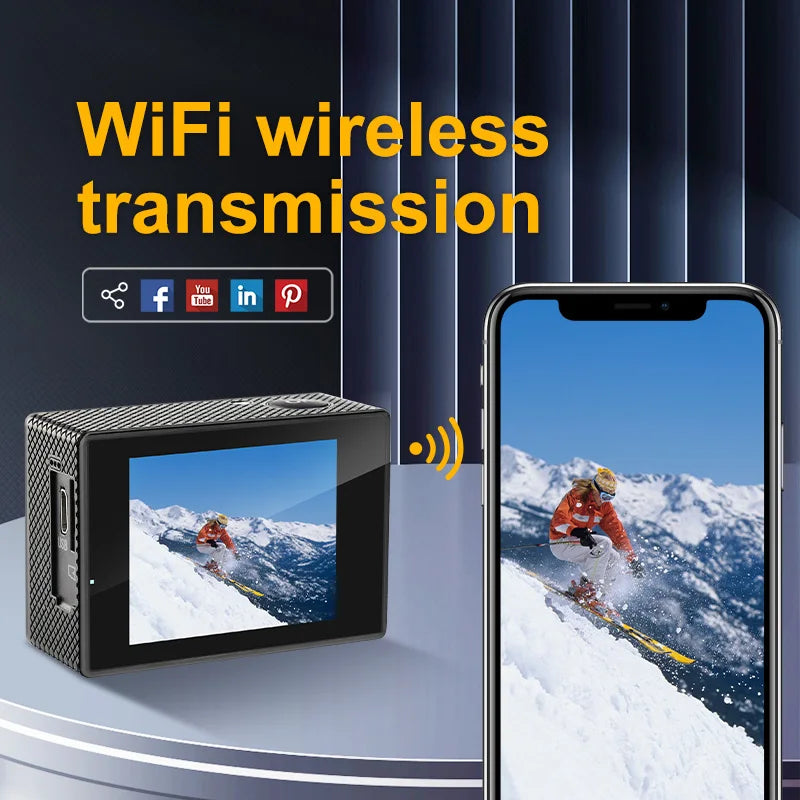 Caméra Sport 4K – Wi-Fi, Écran 2", Grand Angle 140°, Étanche 30m