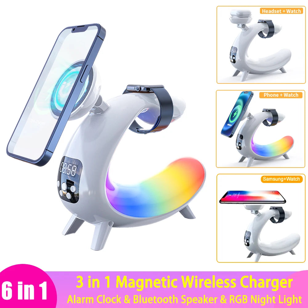 Lampe réveil 6 en 1 - chargeur sans fil pour Iphone 15/14/13/12/11, Airpods IWatch