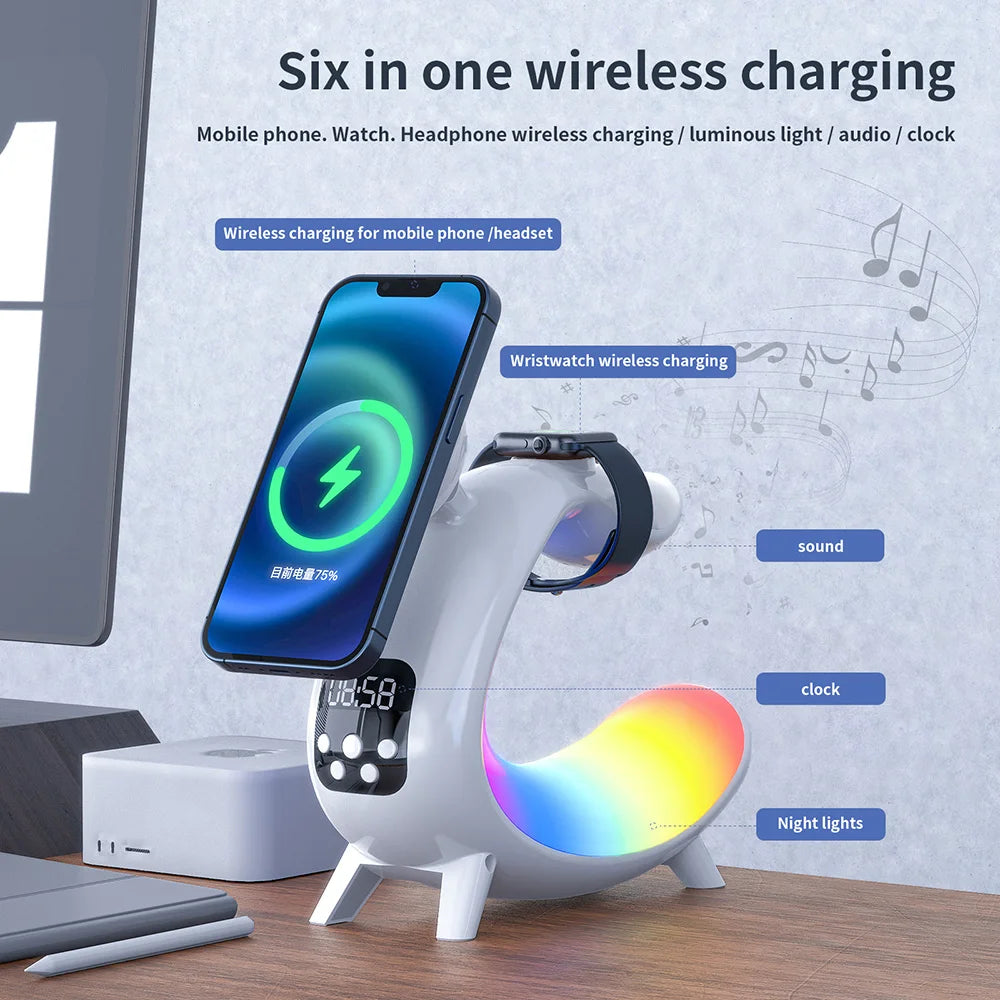 Lampe réveil 6 en 1 - chargeur sans fil pour Iphone 15/14/13/12/11, Airpods IWatch