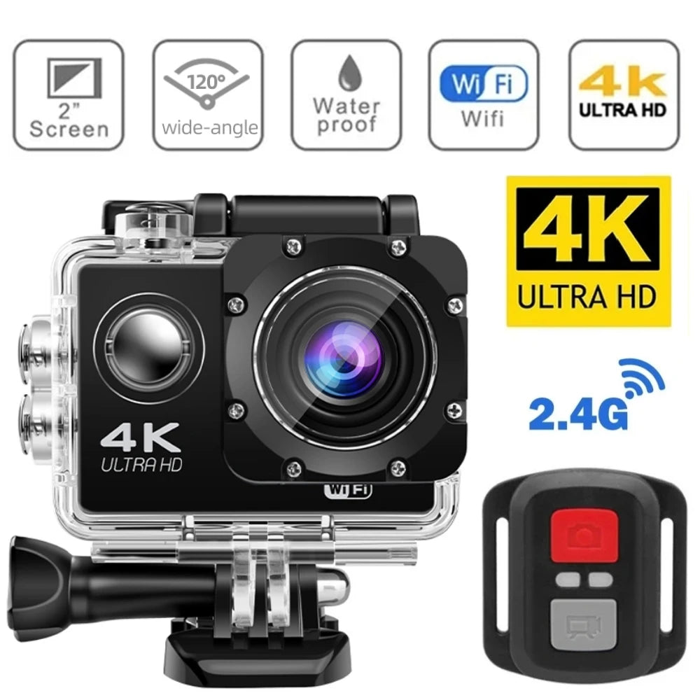 Caméra Sport 4K – Wi-Fi, Écran 2", Grand Angle 140°, Étanche 30m
