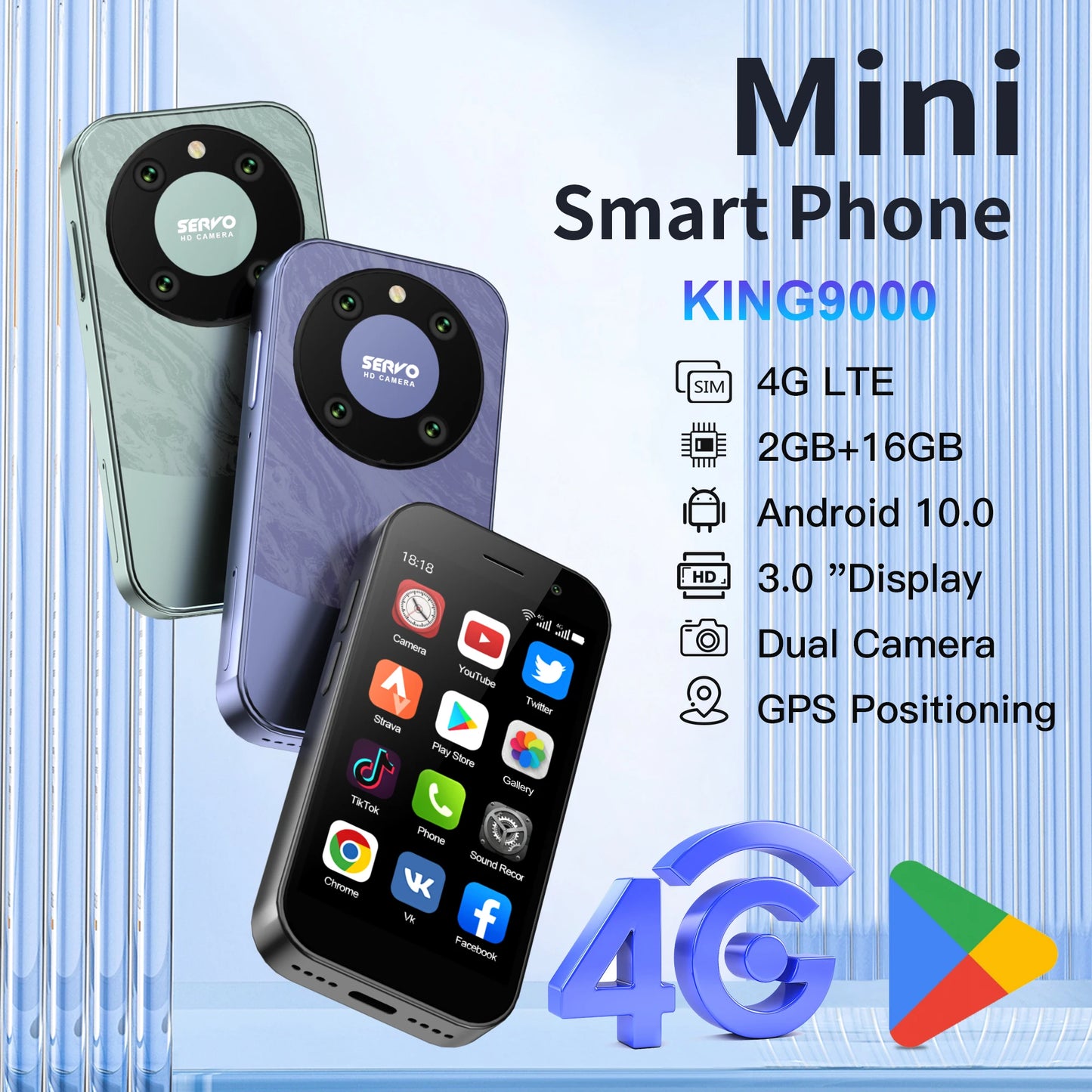 Mini Smartphone SERVO KING 9000 – 3G/4G – Android 10 – Écran 3” – Double SIM – 2 Go RAM / 16 Go ROM
