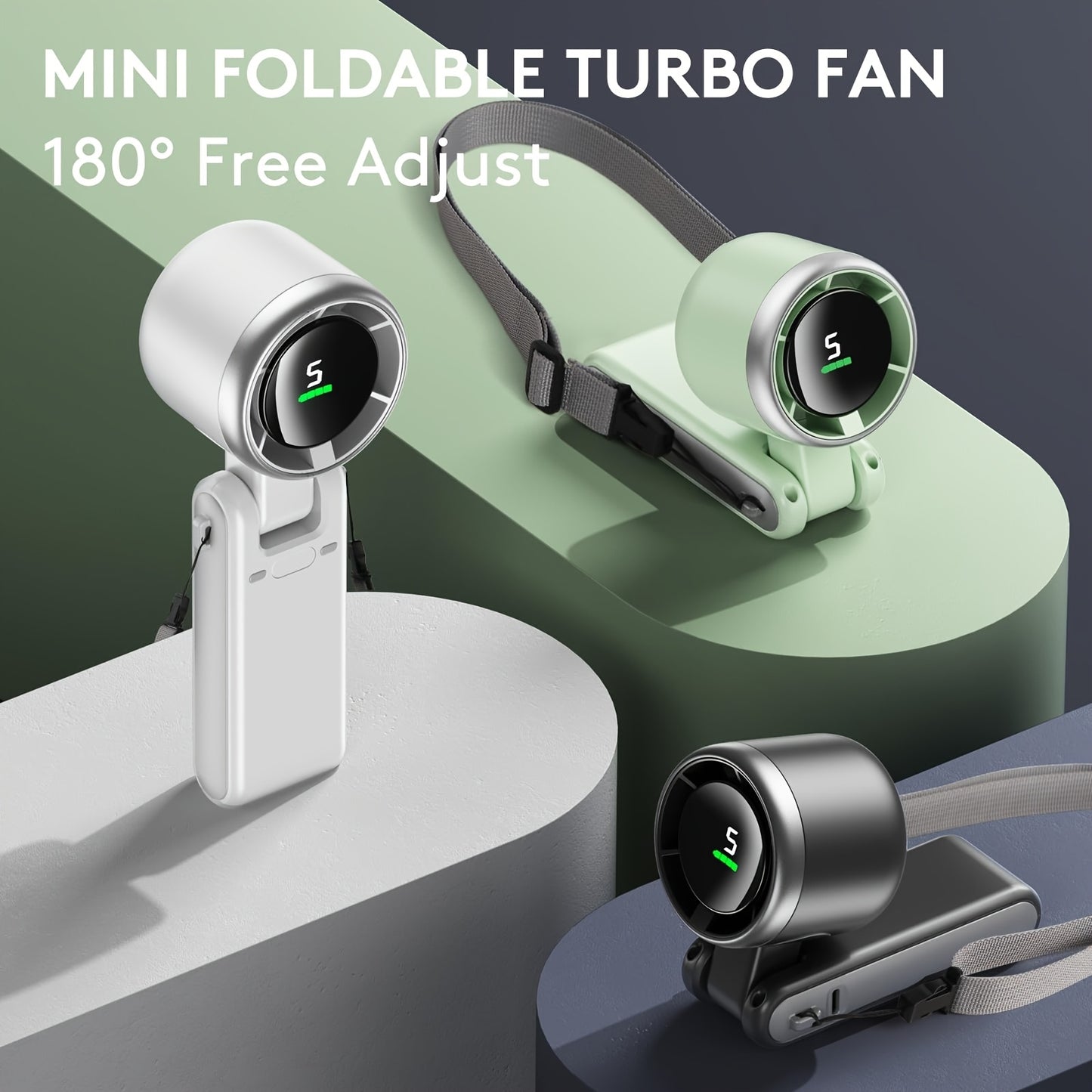 Mini ventilateur pliable 5 vitesses, 3600mAh, affichage digital