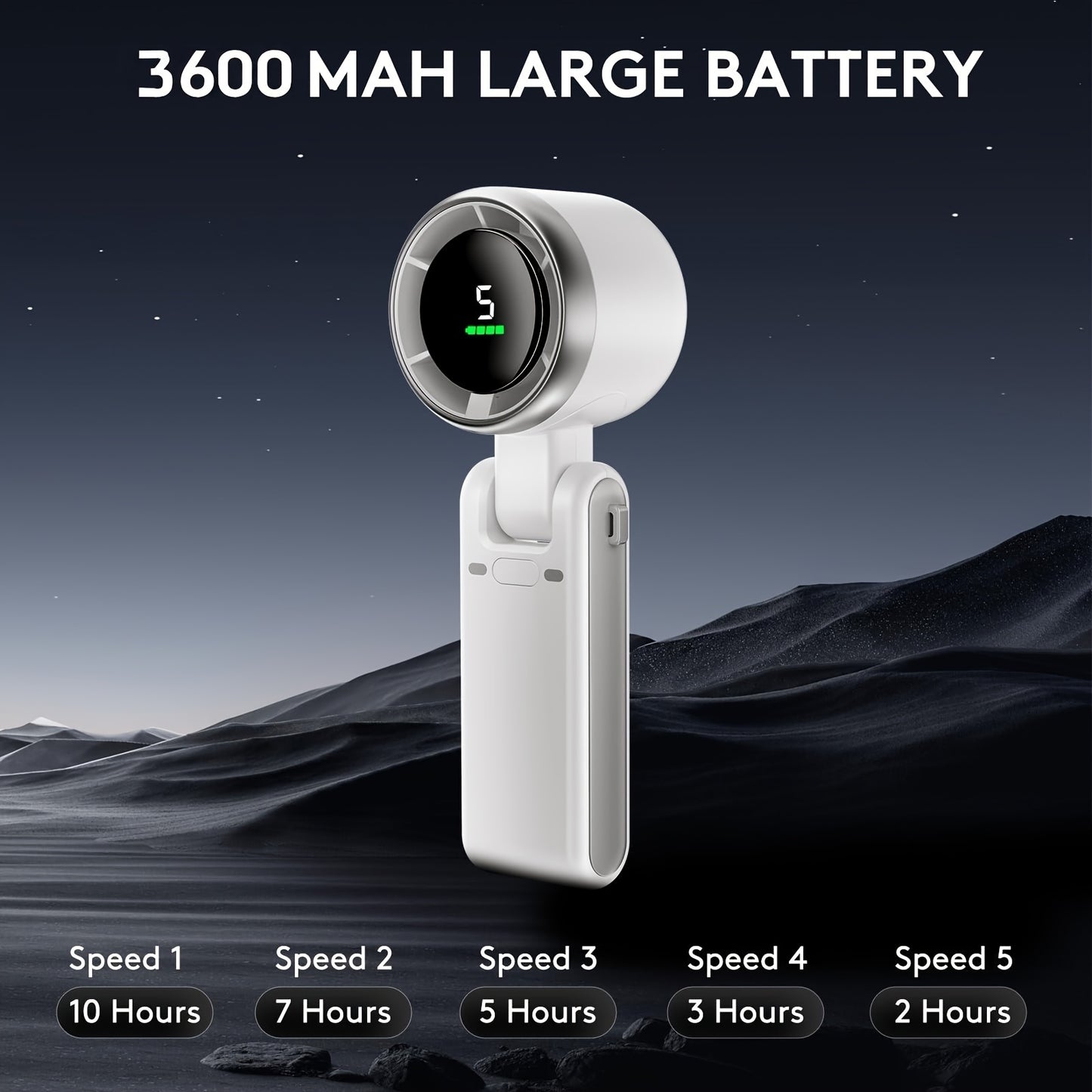 Mini ventilateur pliable 5 vitesses, 3600mAh, affichage digital