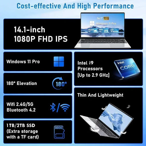 PC Portable 14,1" - Intel Core i9, 16 Go RAM, SSD 300 Go EXTENSIBLE OPTION, Windows 11