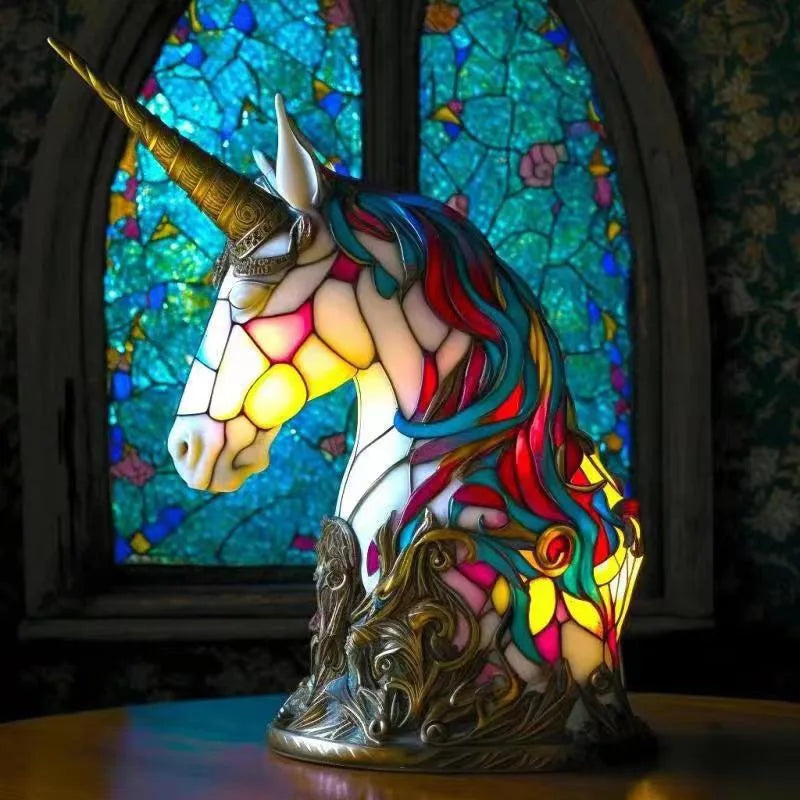 Lampes de table animalières en verre teinté – thème fantastique Dragon, Licorne.. (veilleuse)