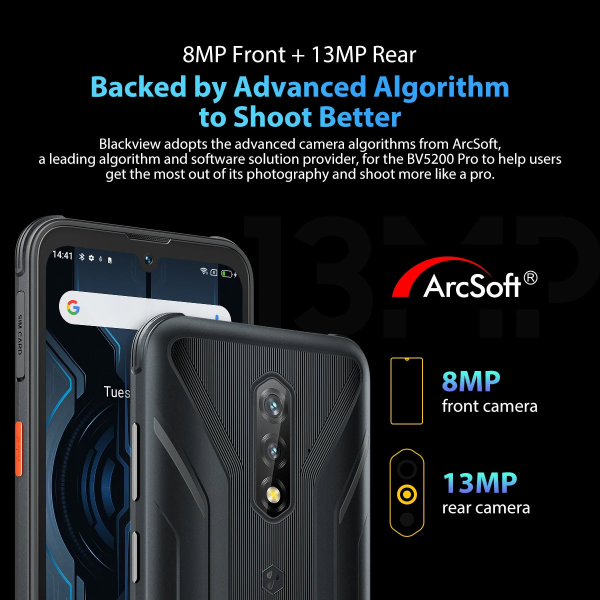 Smartphone Blackview BV5200 Pro - Téléphone Robuste Android 12, 4 Go RAM, 64 Go ROM, Caméra 13 MP