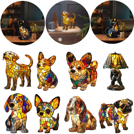 Lampe Chien ou chat LED Style Vitrail en Résine