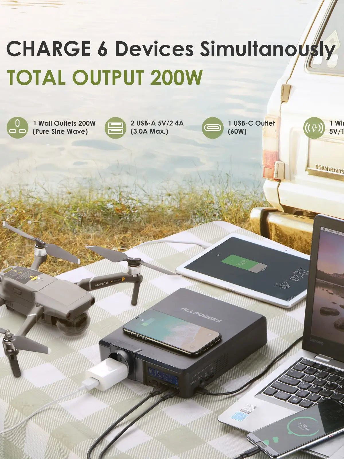Batterie externe solaire ALLPOWERS 41 600 mAh 200 W avec panneau solaire 60 W, sortie AC ou DC, USB et USB-C